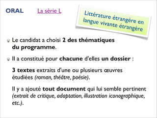 ORAL        La série L            Littératu
                                            re étran
                                 langue v            gère en
                                          ivante é
                                                   trangère

 Le candidat a choisi 2 des thématiques
 du programme.
 Il a constitué pour chacune d'elles un dossier :
 3 textes extraits d'une ou plusieurs œuvres
 étudiées (roman, théâtre, poésie).
 Il y a ajouté tout document qui lui semble pertinent
 (extrait de critique, adaptation, illustration iconographique,
 etc.).
 
