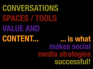 CONVERSATIONS
SPACES / TOOLS
VALUE AND
CONTENT... ... is what
makes social
media strategies
successful!
 