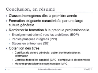 Conclusion, en résumé25/01/11Information files cantonales11Classes homogènes dès la première annéeFormation exigeante caractérisée par une large culture généraleRenforcer la formation à la pratique professionnelle Enseignement orienté vers les problèmes (EOP)Parties pratiques intégrées (PPI)Stages en entreprises (SE)Obtention des titresCertificat de culture générale, option communication et informationCertificat fédéral de capacité (CFC) d’employé-e de commerceMaturité professionnelle commerciale (MPC)