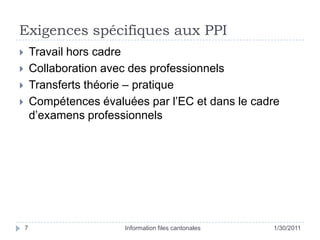 Exigences spécifiques aux PPI25/01/11Information files cantonales7Travail hors cadreCollaboration avec des professionnelsTransferts théorie – pratiqueCompétences évaluées par l’EC et dans le cadre d’examens professionnels