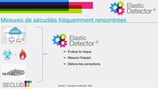 SecludIT	–	Copyright	&	confidentiel	-	2016
Mesures de sécurités fréquemment rencontrées
➢ Mesure l’impact
➢ Evalue le risque
➢ Délivre les corrections
 