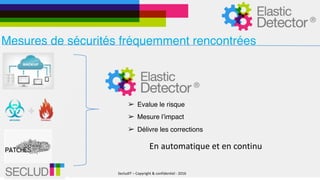 SecludIT	–	Copyright	&	confidentiel	-	2016
Mesures de sécurités fréquemment rencontrées
➢ Mesure l’impact
➢ Evalue le risque
➢ Délivre les corrections
En	automatique	et	en	continu
 