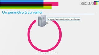 SecludIT	–	Copyright	&	confidentiel	-	2016
Un périmètre à surveiller
Serveurs	physiques,	virtualisés	ou	hébergés
 
