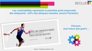 SecludIT	–	Copyright	&	confidentiel	-	2016
Prévenir,
vaut mieux que guérir…
Les vulnérabilités représente la première porte empruntée
des attaquants - (53% des attaques réussies, source Forrester).
 