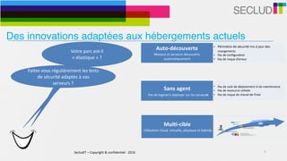 SecludIT	–	Copyright	&	confidentiel	-	2016 10
Votre	parc	est-il	
«	élastique	»	?	
Auto-découverte	
Réseaux	et	serveurs	découverts	
automatiquement
• Périmètre	de	sécurité	mis	à	jour	des	
changements	
• Pas	de	configuration	
• Pas	de	risque	d’erreur
Sans	agent	
			Pas	de	logiciel	à	déployer	sur	les	serveurs
• Pas	de	coût	de	déploiement	ni	de	maintenance	
• Pas	de	ressource	utilisée	
• Pas	de	risque	de	cheval-de-Troie
Multi-cible	
	Utilisation	Cloud,	virtuelle,	physique	et	hybride
• Adaptatif	à	l’environnement	
• Infrastructures	physiques,	virtuelles,	clouds	et	
hybrides	
• Support	d’environnements	cibles	simultanés	
Faites	vous	régulièrement	les	tests	
de	sécurité	adaptés	à	vos	
serveurs	?
Des innovations adaptées aux hébergements actuels
 