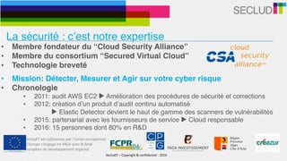 SecludIT	–	Copyright	&	confidentiel	-	2016
• Membre fondateur du “Cloud Security Alliance”
• Membre du consortium “Secured Virtual Cloud”
• Technologie breveté
• Mission: Détecter, Mesurer et Agir sur votre cyber risque
• Chronologie
• 2011: audit AWS EC2 ▶ Amélioration des procédures de sécurité et corrections
• 2012: création d’un produit d’audit continu automatisé
▶ Elastic Detector devient le haut de gamme des scanners de vulnérabilités
• 2015: partenariat avec les fournisseurs de service ▶ Cloud responsable
• 2016: 15 personnes dont 80% en R&D
La sécurité : c’est notre expertise
SecludIT	est	cofinancée	par	l’Union	européenne.	
L’Europe	s’engage	en	PACA	avec	le	fond	
européen	de	développement	régional
 