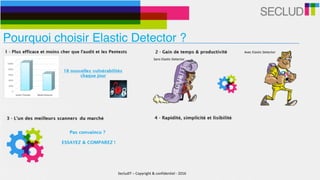 Pourquoi choisir Elastic Detector ?
Sans	Elastic	Detector
Avec	Elastic	Detector
SecludIT	–	Copyright	&	confidentiel	-	2016
 