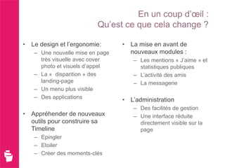 En un coup d’œil :
                         Qu’est ce que cela change ?

• Le design et l’ergonomie:      • La mise en avant de
   – Une nouvelle mise en page     nouveaux modules :
     très visuelle avec cover       – Les mentions « J’aime » et
     photo et visuels d’appel         statistiques publiques
   – La « disparition » des         – L’activité des amis
     landing-page                   – La messagerie
   – Un menu plus visible
   – Des applications
                                 • L’administration
                                    – Des facilités de gestion
• Appréhender de nouveaux           – Une interface réduite
  outils pour construire sa           directement visible sur la
  Timeline                            page
   – Epingler
   – Etoiler
   – Créer des moments-clés
 