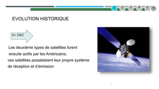 4
2 3 4
1 5
EVOLUTION HISTORIQUE
Les deuxième types de satellites furent
ensuite actifs par les Américains;
ces satellites possédaient leur propre système
de réception et d’émission
En 1962
6
 