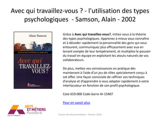 Avec qui travaillez-vous ? - l'utilisation des types
    psychologiques - Samson, Alain - 2002
                    Grâce à Avec qui travaillez-vous?, initiez-vous à la théorie
                    des types psychologiques. Apprenez à mieux vous connaître
                    et à décoder rapidement la personnalité des gens qui vous
                    entourent, communiquez plus efficacement avec eux en
                    tenant compte de leur tempérament, et multipliez le pouvoir
                    du travail en équipe en exploitant les atouts naturels de vos
                    collaborateurs.

                    De plus, mettez vos connaissances en pratique dès
                    maintenant à l’aide d’un jeu de rôles spécialement conçu à
                    cet effet. Une façon conviviale de raffiner vos techniques
                    d’analyse et d’apprendre à vous adapter rapidement à votre
                    interlocuteur en fonction de son profil psychologique.

                    Cote 659.000 Code-barre AI-15407

                    Pour en savoir plus


                 Centre de documentation - Février 2010
 