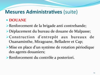 Mesures	
  Administra)ves	
  (suite)	
  
 DOUANE	
  	
  	
  
 Renforcement	
  de	
  la	
  brigade	
  anti	
  contrebande;	
  
 Déplacement	
  du	
  bureau	
  de	
  douane	
  de	
  Malpasse;	
  
 Construction	
   d’entrepôt	
   aux	
   bureaux	
   de	
  
Ouanaminthe,	
  Miragoane,	
  Belladere	
  et	
  Cap;	
  	
  
 Mise	
  en	
  place	
  d’un	
  système	
  de	
  rotation	
  périodique	
  
des	
  agents	
  douaniers;	
  
 Renforcement	
  du	
  contrôle	
  a	
  posteriori.	
  
24	
  
 