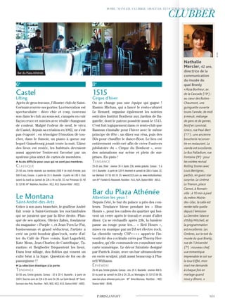 6e
Castel
Lifting
Après de gros travaux, l’illustre club de Saint-
Germain rouvre ses portes. La rénovation est
spectaculaire : déco chic et cosy, nouveau
son dans le club au sous-sol, canapés en cuir
façon croco et miroirs avec résille changeant
de couleur. Malgré l’odeur de neuf, le vécu
de Castel, depuis sa création en 1962, ne s’est
pas évaporé : en témoigne l’émotion de tou-
cher, dans le fumoir, un piano à queue sur
lequel Gainsbourg jouait toute la nuit. L’âme
des lieux est restée, les habitués devraient
aussi apprécier l’entre-soi favorisé par un
système plus strict de cartes de membres.
Accès difficile pour ceux qui ne sont pas membres.
classique
25-50 ans. Entrée réservée aux membres (500 € de droit d’entrée, puis
500 €/an). Consos : à partir de 15 €. Bouteille : à partir de 190 €. Club
ouvert du mardi au samedi de 23h à 4h ou 6h. 15, rue Princesse. 01 40
51 52 80. M° Mabillon. Noctilien : N12, N13. Station Vélib’ : 6022.
Le Montana
Saint-André-des-Arts
Grâce à son aura branchée, le graffeur André
fait venir à Saint-Germain les noctambules
qui ne juraient que par la Rive droite. Flan-
qué de ses apôtres, Olivier Zahm, fondateur
du magazine « Purple », et Jean-Yves Le Fur,
businessman et grand séducteur, l’artiste a
créé un petit boudoir glam’rock, sorte d’af-
ter du Café de Flore voisin. Karl Lagerfeld,
Kate Moss, Jean-Charles de Castelbajac, Ta-
rantino et Beigbeder fréquentent les lieux.
Dans leur sillage, des fidèles qui vouent un
culte béat à la hype. Question de foi ou de
panurgisme !?
La sélection drastique à la porte.
Tendance
18-50 ans. Entrée gratuite. Consos : 10 à 20 €. Bouteille : à partir de
180 €.Tous les soirs de 23h à 2h voire 5h.28,rue Saint-Benoît.M° Saint-
Germain-des-Prés. Noctilien : N01, N02, N12, N13. Station Vélib’ : 6002.
8e
1515
Cirque d’hiver
On ne change pas une équipe qui gagne !
Rasmu Michau, qui a lancé le resto-cabaret
Le Renard, organise également les soirées
estivales Institut Bonheur aux Jardins de Ba-
gatelle, dont le patron possède aussi le 1515.
C’est fort logiquement dans ce resto-club que
Rasmus s’installe pour l’hiver avec le même
principe de fête : un dîner sur résa, puis des
DJs pour chauffer le dance-floor. Le lieu est
entièrement redécoré afin de créer l’univers
jubilatoire du « Cirque du Bonheur », avec
des animations sur scène et plein de sur-
prises. En piste !
Tendance
25-35 ans. Dîner : environ 35 €. Après 23h, entrée gratuite. Consos : 5 à
15 €.Bouteille : à partir de 120 €.Vendredi et samedi de 20h à l’aube.32,
rue Marbeuf. 01 53 89 15 15. www.le1515.com ou www.institutbonheur.
com M° Franklin-D.-Roosevelt.Noctilien : N11,N24.StationVélib’: 8013.
Bar du Plaza Athénée
Attention les yeux !
Depuis l’été, le bar du palace a pris des cou-
leurs. Tendance bleue pendant les « Blue
Hours », pour les cadres du quartier qui boi-
vent un verre après le travail et avant d’aller
dîner. Ça se réchauffe après 23h, la lumière
passe au rouge pour les… « Red Hours »,
mises en musique par un DJ set électro rock.
La clientèle trendy CSP++++ apprécie l’in-
ventivité des cocktails créés par Thierry Her-
nandez, qu’elle commande en consultant une
carte numérique. Le décor futuriste designé
par Patrick Jouin, avec un bar ultramoderne
en verre sculpté, plaît aussi beaucoup à Pha-
rell Williams.
ephémère
25-45 ans. Entrée gratuite. Consos : env. 25 €. Bouteille : environ 400 €.
DJ du jeudi au samedi de 23h à 2h. 25, av. Montaigne. 01 53 67 66 00.
www.bar-plaza-athenee-paris.com M° Alma-Marceau. Noctilien : N02.
Station Vélib’ : 8546.
Nathalie
Mercier, 42 ans,
directrice de la
communication
du musée du
quai Branly
« Rosa Bonheur, av.
de la Cascade (19e
) :
au cœur des Buttes-
Chaumont, une
guinguette ouverte
toute l’année, de midi
à minuit, mélange
de gens et de genres,
festif et convivial.
Unico, rue Paul-Bert
(11e
) : une ancienne
boucherie reconver-
tie en restaurant. La
viande est excellente.
Le Bus Palladium, rue
Fontaine (9e
) : pour
les soirées revival
Rolling Stones avec
Louis Bertignac,
parfois, en guest star
surprise. Le cinéma
Le Trianon, place
Carnot, à Romain-
ville : à 10 min à pied
du métro Mairie-
des-Lilas, la salle est
restée telle quelle
depuis l’émission
La Dernière Séance
d’Eddy Mitchell, et
la programmation
est excellente. Les
Ombres, sur le toit du
musée du quai Branly,
rue de l’Université
(7e
) : nouveau chef,
vue romantique
imprenable le soir sur
la tour Eiffel, mon
mari me demande
à chaque fois en
mariage quand
nous y dînons. »
Bar du Plaza Athénée
©D.R.
 