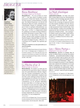 19e
Rosa Bonheur
Un pique-nique sur les Buttes
Homo/hétéro. « Tu vas au Rosa ce week
end ? », fut sans doute la phrase la plus
prononcée à Paris l’été dernier. Poussé par
un buzz énorme, le Rosa Bonheur, en plein
parc des Buttes-Chaumont, est devenu LE
dancing de début de soirée, absolument in-
contournable. Depuis, le voisinage, excédé
par le bruit et quelques débordements (on
a même vu des gens escalader les grilles du
Parc pour « en être »), a légèrement réduit
les ambitions nocturnes du Rosa Bonheur,
qui ferme désormais à minuit. Mais, y com-
pris en hiver, le dance-floor n’a jamais dé-
sempli, attirant même quelques people (de
Pascal Gregory à Rachid Taha) et reste l’un
des spots de drague les plus « efficaces » et
conviviaux de la capitale. En espérant que
ça dure…
Bien que compétitif, le vin reste quand même au ni-
veau de la piquette.
convivial
25-45 ans.Parc des Buttes-Chaumont,Avenue de la Cascade.Entrée libre.
Café : 2 €. Coca : 3 €. Champagne (coupe) : 8 €. Bouteille de vin : 17 €.
Du mercredi au dimanche, de 12h à minuit (après 20h, l’accès se fait
uniquement par l’entrée Botzaris et sur invitation). 01 42 03 28 67. www.
myspace.com/rosabonheurparis M° Botzaris. Noctilien : N12, N23. Sta-
tions Vélib’ : 19023, 19024.
20e
La Flèche d’or 2
Redémarrage en douceur
Hétéro/homo. Sa reprise en main par les
producteurs de spectacles Alias et Astérios
aura été particulièrement délicate. Regret-
tant une certaine normalisation (exit l’am-
biance de friche industrielle, remplacée par
une déco noire uniforme) beaucoup des an-
ciens habitués de la Flèche d’or avaient en
effet déserté l’ancienne gare de Charonne.
Conséquence, la vie nocturne légendaire
du lieu avait flétri et il n’était pas rare de
se retrouver un peu seul sur le dance-floor
une fois les concerts terminés (23h). Finale-
ment, les inquiétudes ont été levées progres-
sivement, l’amélioration de la programma-
tion concerts et clubbing ayant convaincu
la faune habituelle de revenir, tout en la re-
nouvelant. Un vrai soulagement.
Tendance
20-40 ans.102 bis,rue de Bagnolet.Entrée : 8 € avec une consommation.
Du mardi au dimanche de 19h à 2h.01 44 64 01 02.M° Gambetta.www.
flechedor.fr Noctilien : N16, N34. Stations Vélib’ : 20020, 20108.
Ici et Là
La Nuit élastique
Vinyle and roll
Adulte/hétéro/homo. Au fond, une jeune
fille se laisse ligoter pour une démonstration
de shibari (l’art du bondage japonais) devant
la rétroprojection d’un film de « genre ».
Dans un coin, un groupe de garçons montés
sur talon lunaire semblent avoir une discus-
sion animée : à leur pied, un type menotté
se fait savamment fesser l’arrière-train. Voici
la Nuit élastique, rendez-vous privilégié des
amateurs de cuir et de latex avec les soirées
Dèmonia et Fetish in Paris… Son avantage ?
Ne laisser rentrer qu’un public aussi enthou-
siaste qu’averti. Idéal pour « débuter » dans
le milieu, à condition d’avoir le dress code.
Tendance
20-50 ans. Soirée fétichiste. Un samedi par mois de 22h à 5h. Entrée :
20 € (sur place), 12 €, en prévente à la Boutique Dèmonia (22, av. Jean-
Aicard, 11e
). Soft : 4 €. Alcool : 6 €. Plus de renseignements sur www.
nuit-elastique.com
Les « Skins Partys »
Dégénérer n’est pas un luxe
Homo/hétéro. Montées en épingle dans la
presse, les Skins Partys ne sont que des soirées
étudiantes…quiauraientplustendanceàdégé-
nérer que les autres, sans en arriver aux excès
des free parties des années 90. Inspirées par les
beuveries de la série britannique « Skins », ces
fêtes encouragent les jeunes à venir déguisés,
boire sans vraiment de modération et à ne pas
hésiter à embrasser son voisin ou sa voisine.
mais la récupération du phénomène par les
agences d’évènementiels risque de faire dispa-
raître le « concept » aussi vite qu’il est apparu.
ephémère
16-23 ans. Quelques prix : 20 € (garçons) ou 15 € (filles). Boissons :
2 € à 4 €. Renseignements sur http://skins-party.blogspot.com/ ou sur
facebook.
Mathieu
Lehanneur,
36 ans, designer
« Deyrolles, rue du
Bac (7e
) : insectes
fabuleux et animaux
naturalisés. Un lieu
unique et sans âge
qui a su renaître de
ses cendres (tout a
brûlé il y a peu). Le
Ciel de Paris, tout
en haut de la tour
Montparnasse (15e
) :
un café et restaurant
que nous pensions un
attrape-touriste et
qui offre un intérieur
où rien n’a bougé et
où aucun designer
n’est, heureusement,
intervenu depuis
son ouverture dans
les années 70. Le
Laboratoire, rue du
Bouloi (1er
) : un lieu
qui fait du bien au
cerveau. À quelques
mètres du ministère
de la Culture, c’est le
creuset bouillonnant
et palpitant dont la
ville avait besoin. »
La Flèche d’or 2
©FabienThouvenin
 