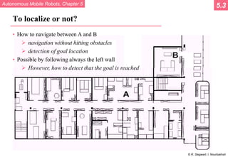 Autonomous Mobile Robots, Chapter 5
© R. Siegwart, I. Nourbakhsh
To localize or not?
• How to navigate between A and B
 navigation without hitting obstacles
 detection of goal location
• Possible by following always the left wall
 However, how to detect that the goal is reached
5.3
 