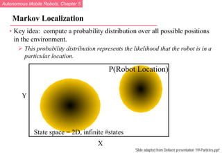 Autonomous Mobile Robots, Chapter 5
© R. Siegwart, I. Nourbakhsh
Markov Localization
• Key idea: compute a probability distribution over all possible positions
in the environment.
 This probability distribution represents the likelihood that the robot is in a
particular location.
P(Robot Location)
X
Y
State space = 2D, infinite #states
Slide adapted from Dellaert presentation “19-Particles.ppt”
 