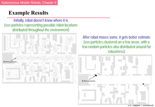Autonomous Mobile Robots, Chapter 5
© R. Siegwart, I. Nourbakhsh
Example Results
Initially, robot doesn’t know where it is
(see particles representing possible robot locations
distributed throughout the environment)
After robot moves some, it gets better estimate
(see particles clustered an a few areas, with a
few random particles also distributed around for
robustness)
 