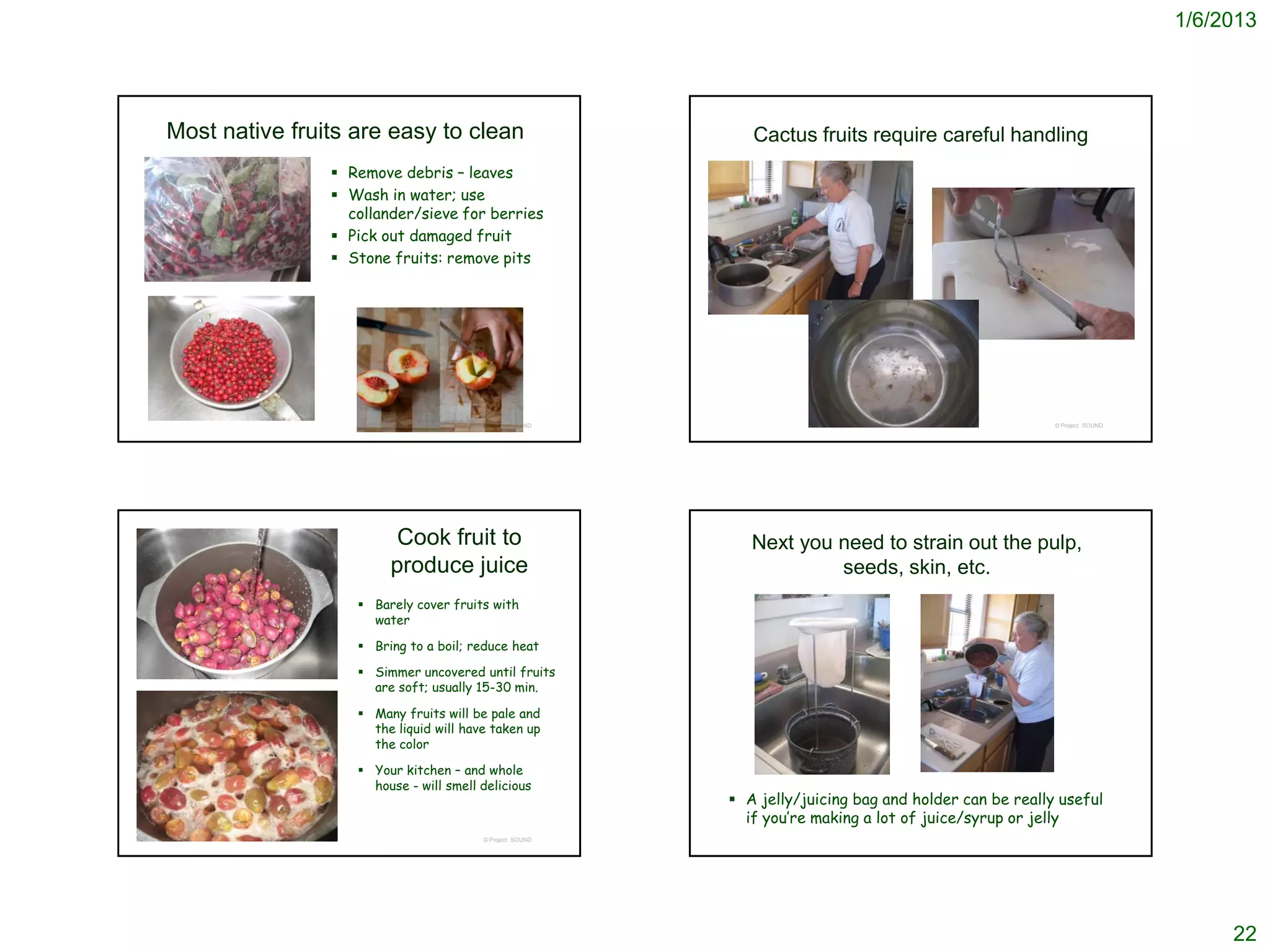 1/6/2013




Most native fruits are easy to clean                         Cactus fruits require careful handling
                 Remove debris – leaves
                 Wash in water; use
                  collander/sieve for berries
                 Pick out damaged fruit
                 Stone fruits: remove pits




                                        © Project SOUND                                                 © Project SOUND




                         Cook fruit to                       Next you need to strain out the pulp,
                        produce juice                                 seeds, skin, etc.
                    Barely cover fruits with
                     water

                    Bring to a boil; reduce heat

                    Simmer uncovered until fruits
                     are soft; usually 15-30 min.

                    Many fruits will be pale and
                     the liquid will have taken up
                     the color

                    Your kitchen – and whole
                     house - will smell delicious
                                                           A jelly/juicing bag and holder can be really useful
                                                            if you’re making a lot of juice/syrup or jelly
                                        © Project SOUND




                                                                                                                               22
 