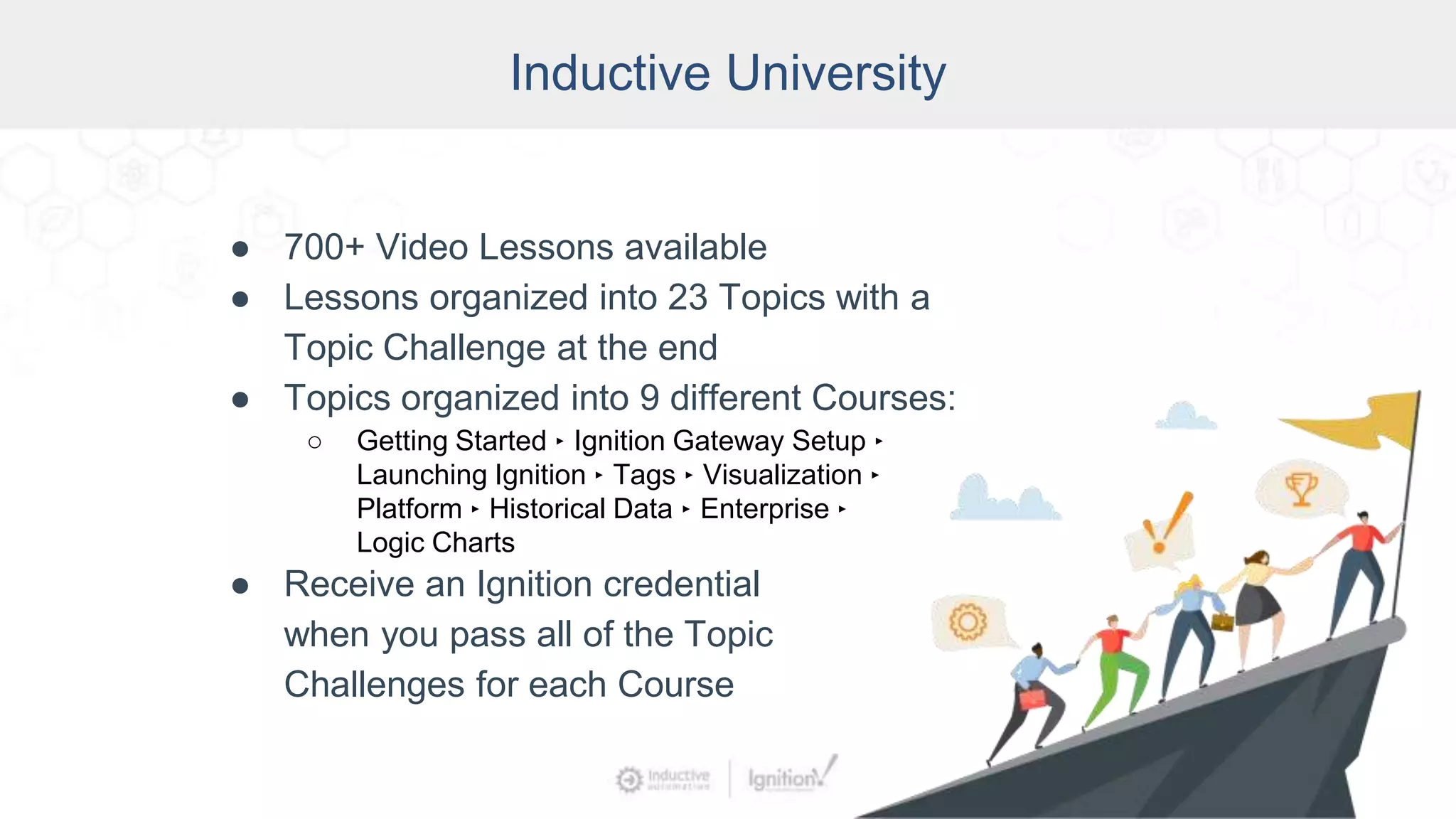 Inductive University
● 700+ Video Lessons available
● Lessons organized into 23 Topics with a
Topic Challenge at the end
● Topics organized into 9 different Courses:
○ Getting Started ‣ Ignition Gateway Setup ‣
Launching Ignition ‣ Tags ‣ Visualization ‣
Platform ‣ Historical Data ‣ Enterprise ‣
Logic Charts
● Receive an Ignition credential
when you pass all of the Topic
Challenges for each Course
 