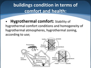 buildings condition in terms of
comfort and health:
• Hygrothermal comfort: Stability of
hygrothermal comfort conditions and homogeneity of
hygrothermal atmospheres, hygrothermal zoning,
according to use;
 