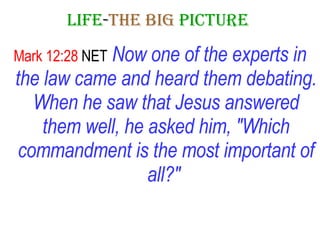 LIFE - THE   BIG   PICTURE   Mark 12:28  NET   Now one of the experts in the law came and heard them debating. When he saw that Jesus answered them well, he asked him, "Which commandment is the most important of all?"   