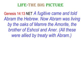 LIFE - THE   BIG   PICTURE Genesis 14:13  NET   A fugitive came and told Abram the Hebrew. Now Abram was living by the oaks of Mamre the Amorite, the brother of Eshcol and Aner. (All these were allied by treaty with Abram.)   