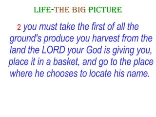 LIFE - THE   BIG   PICTURE 2   you must take the first of all the ground's produce you harvest from the land the LORD your God is giving you, place it in a basket, and go to the place where he chooses to locate his name.   
