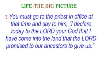 LIFE - THE   BIG   PICTURE 3   You must go to the priest in office at that time and say to him, "I declare today to the LORD your God that I have come into the land that the LORD promised to our ancestors to give us."   