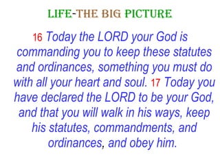 LIFE - THE   BIG   PICTURE 16   Today the LORD your God is commanding you to keep these statutes and ordinances, something you must do with all your heart and soul.   17   Today you have declared the LORD to be your God, and that you will walk in his ways, keep his statutes, commandments, and ordinances ,  and obey him.   