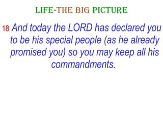 LIFE - THE   BIG   PICTURE 18   And today the LORD has declared you to be his special people (as he already promised you) so you may keep all his commandments.   