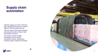 Supply chain
automation
31
200 train wagons out of the 1200 have
been equipped with sensors in order to
follow in real time assets of Evian.
150 train wagons have been equipped
with sensors in order to follow in real
time assets of Danone.
The sensors monitor multiple
parameters such as abusive
movements, shocks, temperature,
humidity, speed, incidents and location.
 