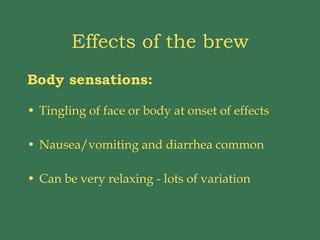 Effects of the brew Body sensations: Tingling of face or body at onset of effects Nausea/vomiting and diarrhea common Can be very relaxing - lots of variation 