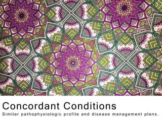 Concordant Conditions
S i m i l a r p a t h o p h y s i o l o g i c p r o f i l e a n d d i s e a s e m a n a g e m e n t p l a n s .
 