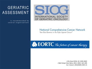 GERIATRIC
ASSESSMENT
i s r e c o m m e n d e d b y
s e v e r a l o r g a n i z a t i o n s
J Clin Oncol 2014; 32: 2595-2603.
J Natl Compr Canc Netw. 2012; 10(2): 162–209.
Eur J Cancer. 2010;46(9):1502-13.
 