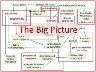 disease
dominance
psychosocial
complexity
pharmacokinetics
geriatric syndromes
and frailty
common risk factors
obesity, smoking,
sedentary
older age
breast cancer cardiovascular disease
trastuzumab
anthracycline
q3month
cardiac
monitoring
type 1
cardiomyopathy
type 2
cardiomyopathy
cardiac toxicity
LV dysfunction
caregiver for spouse
with dementia
mild cognitive
impairment
delayed/missed
monitoring
heart failure
functional
decline
falls
delirium
albumin
eGFR
symptomatic
aortic stenosis beta-blocker
ACE inhibitor
statin
The Big Picture
polypharmacy
polypharmacy
multimorbidity
 