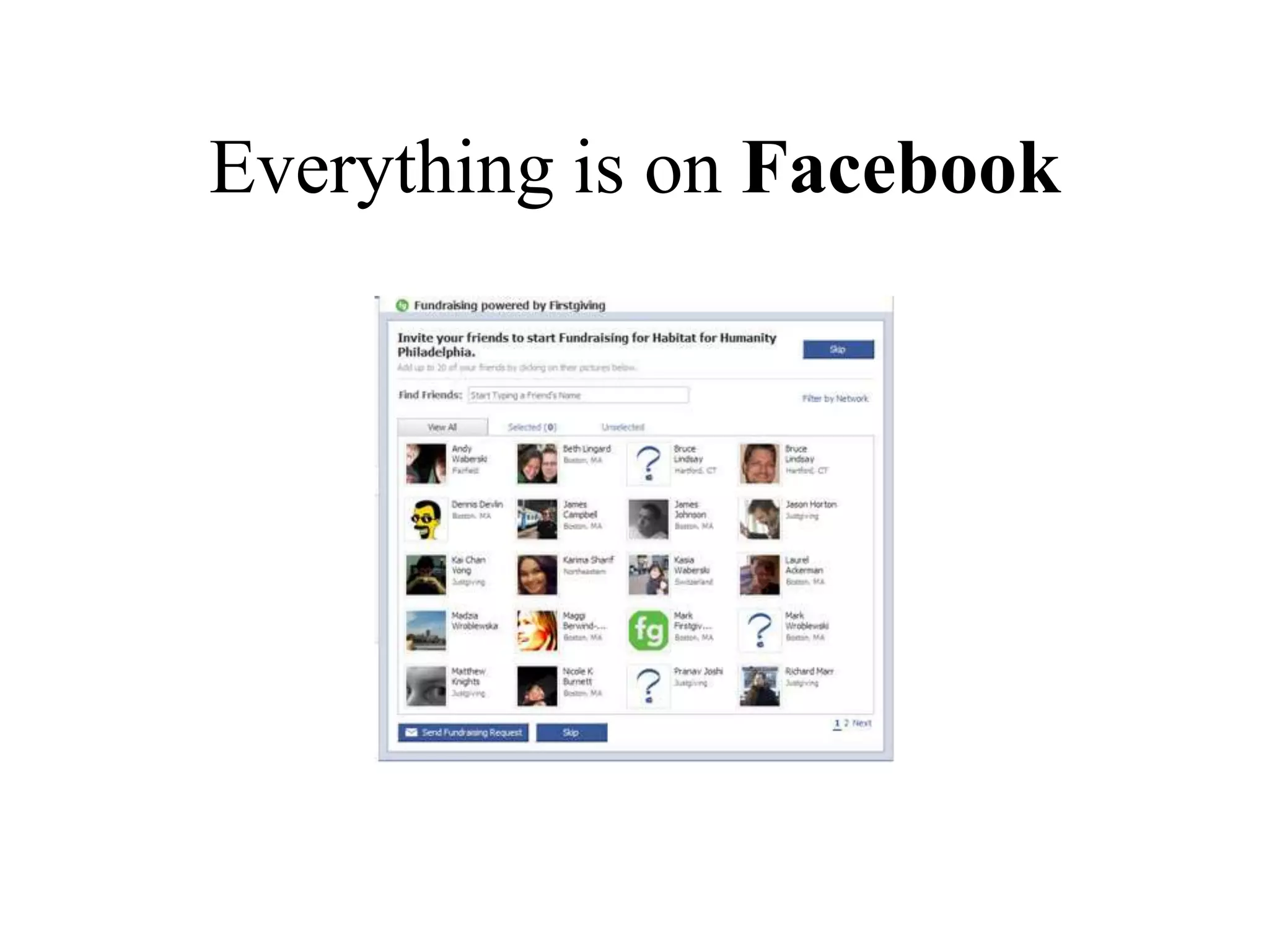 What is Facebook?Facebook is a “social utility”People “live” online thereIt’s not just for kids (half of you are there!)The average Facebook user views 45 pages during a sessionThere are different kinds of FB pages: personal, groups, companies or organisations like yours