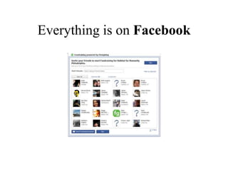 What is Facebook?Facebook is a “social utility”People “live” online thereIt’s not just for kids (half of you are there!)The average Facebook user views 45 pages during a sessionThere are different kinds of FB pages: personal, groups, companies or organisations like yours