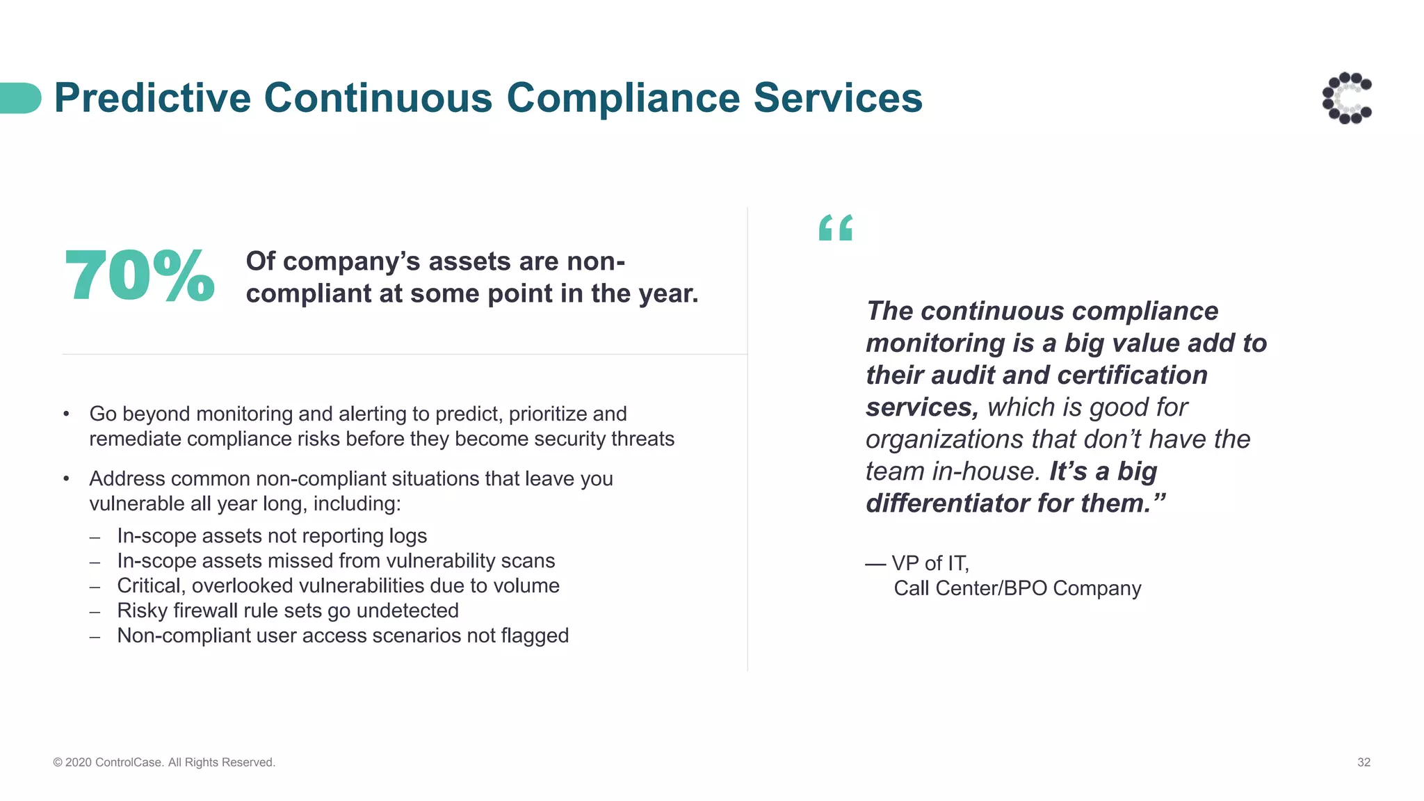 Predictive Continuous Compliance Services
© 2020 ControlCase. All Rights Reserved. 32
• Go beyond monitoring and alerting to predict, prioritize and
remediate compliance risks before they become security threats
• Address common non-compliant situations that leave you
vulnerable all year long, including:
⎼ In-scope assets not reporting logs
⎼ In-scope assets missed from vulnerability scans
⎼ Critical, overlooked vulnerabilities due to volume
⎼ Risky firewall rule sets go undetected
⎼ Non-compliant user access scenarios not flagged
The continuous compliance
monitoring is a big value add to
their audit and certification
services, which is good for
organizations that don’t have the
team in-house. It’s a big
differentiator for them.”
— VP of IT,
Call Center/BPO Company
“70% Of company’s assets are non-
compliant at some point in the year.
 