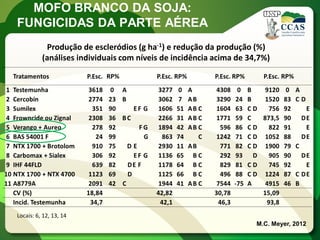Locais: 6, 12, 13, 14 
Produção de escleródios (g ha-1) e redução da produção (%) 
(análises individuais com níveis de incidência acima de 34,7%) 
M.C. Meyer, 2012 
MOFO BRANCO DA SOJA: FUNGICIDAS DA PARTE AÉREA  