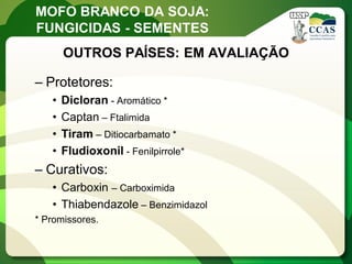 MOFO BRANCO DA SOJA: 
FUNGICIDAS - SEMENTES 
OUTROS PAÍSES: EM AVALIAÇÃO 
–Protetores: 
•Dicloran - Aromático * 
•Captan – Ftalimida 
•Tiram – Ditiocarbamato * 
•Fludioxonil - Fenilpirrole* 
–Curativos: 
•Carboxin – Carboximida 
•Thiabendazole – Benzimidazol 
* Promissores.  