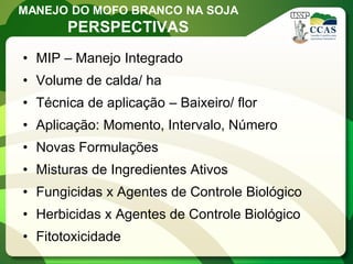 MANEJO DO MOFO BRANCO NA SOJA 
PERSPECTIVAS 
•MIP – Manejo Integrado 
•Volume de calda/ ha 
•Técnica de aplicação – Baixeiro/ flor 
•Aplicação: Momento, Intervalo, Número 
•Novas Formulações 
•Misturas de Ingredientes Ativos 
•Fungicidas x Agentes de Controle Biológico 
•Herbicidas x Agentes de Controle Biológico 
•Fitotoxicidade  