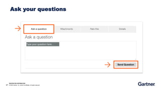 47 © 2020 Gartner, Inc. and/or its affiliates. All rights reserved.
RESTRICTED DISTRIBUTION
Ask your questions
Send Question
Type your question here…
 