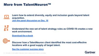50 © 2018 Gartner, Inc. and/or its affiliates. All rights reserved. Gartner is a registered trademark of Gartner, Inc. and its affiliates.
Learn how to extend diversity, equity and inclusion goals beyond talent
acquisition.
Join the panel discussion on Dec. 16
Understand the new set of talent strategy rules as COVID-19 creates a new
work environment.
Download the e-book
Discover how a TalentNeuron client identified the most cost-effective
locations with a good supply of target talent.
See the customer success story
More from TalentNeuron™
 