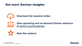 51 © 2020 Gartner, Inc. and/or its affiliates. All rights reserved.
RESTRICTED DISTRIBUTION
Get more Gartner insights
Download the research slides
View upcoming and on-demand Gartner webinars
at gartner.com/hrwebinars
Rate this webinar
 