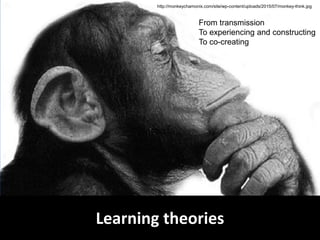 http://monkeychamonix.com/site/wp-content/uploads/2015/07/monkey-think.jpg
From transmission
To experiencing and constructing
To co-creating
Learning theories
 