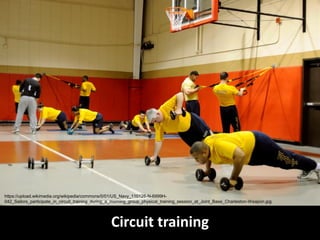 Circuit training
https://upload.wikimedia.org/wikipedia/commons/0/01/US_Navy_110128-N-6999H-
042_Sailors_participate_in_circuit_training_during_a_morning_group_physical_training_session_at_Joint_Base_Charleston-Weapon.jpg
 