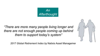 “There are more many people living longer and
there are not enough people coming up behind
them to support today’s system”...