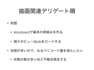 描画関連デリゲート順
• 前提
• storyboardで基本の骨組みを作る
• 個々のビューはxibをロードする
• 状態が多いので、なるべくコード量を減らしたい
• 状態の数が多いほど不整合発生する
 