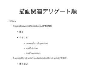 描画関連デリゲート順
• UIView
• 1.layoutSubviews(NeedsLayoutが有効時)
• 使う
• やること
• removeFromSuperview
• addSubview
• addConstraints
• 2.updateConstraints(NeedsUpdatedConstraintsが有効時)
• 使わない
 