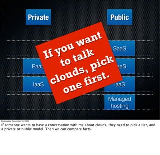 Private                              Public


                                             w  a nt
                                       you k            SaaS
                                    If      t al ck
                               PaaS     to , pi PaaS
                                          u d s      t.
                               IaaS c
                                       lo       fi rs IaaS
                                         on  e
                                                               Managed
                                                                hosting

Wednesday, November 18, 2009

If someone wants to have a conversation with me about clouds, they need to pick a tier, and
a private or public model. Then we can compare facts.
 