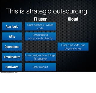 This is strategic outsourcing
                                     IT user                 Cloud
                                User deﬁnes it, writes
        App logic                      code

                                    Users talk to
             APIs                components directly

                                                         User runs VMs, not
      Operations                                           physical ones

                               User designs how things
     Architecture                    ﬁt together


        Hardware                    User owns it
Wednesday, November 18, 2009
 